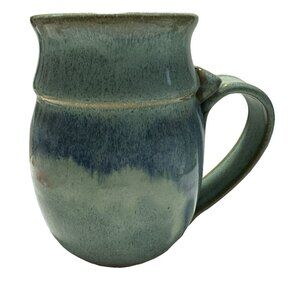 Ceramic Mug Hand Thrown Ombre Blue Green Large Handle w Thumb Rest 12 oz Signed